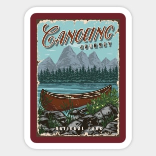 Canoeing journey. National park illustration with river and forest in mountains Sticker